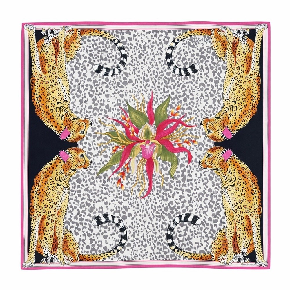 Vince Camuto Silk Leopard Scarf Pink Border Square Maximalist Animal Print 34.5"